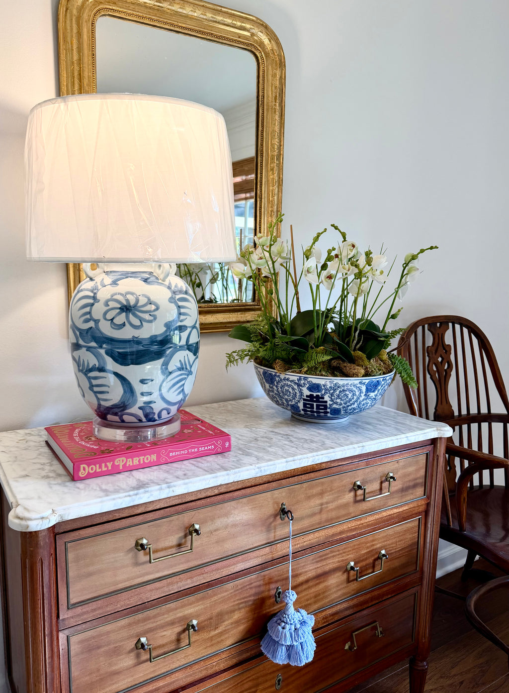 Blue + White Twisted Flower Lamps, Pair