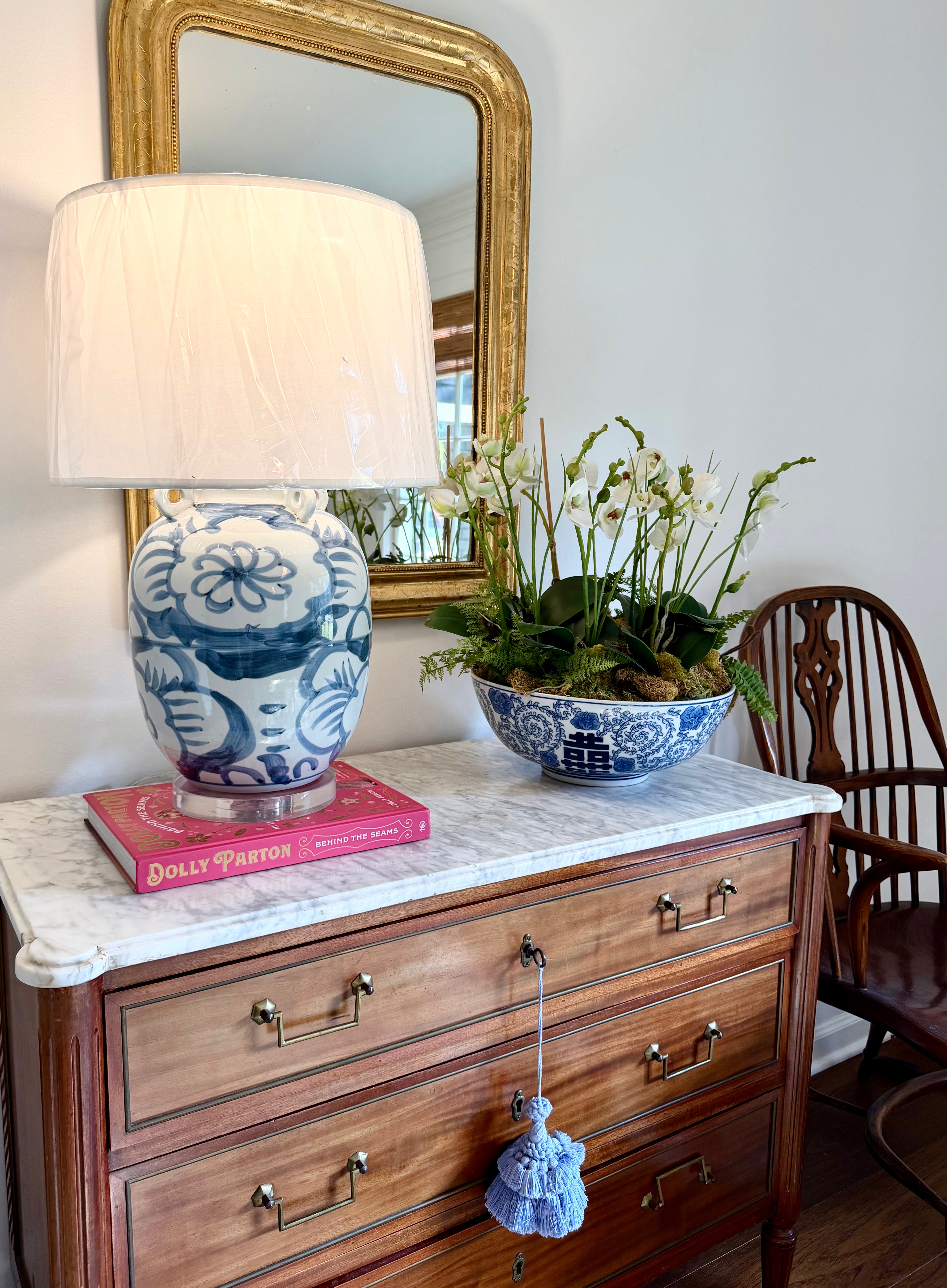 Blue + White Twisted Flower Lamps, Pair