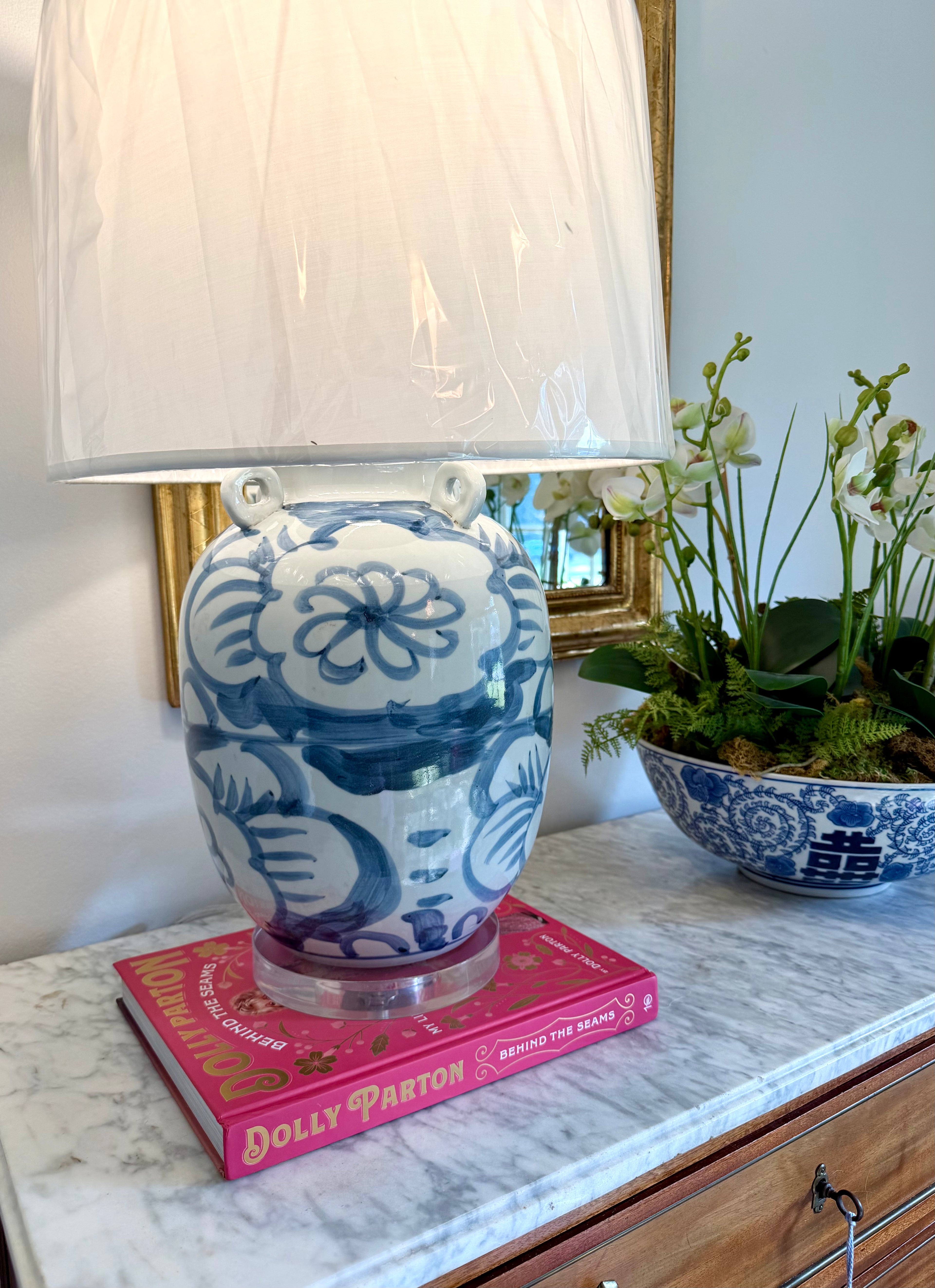 Blue + White Twisted Flower Lamps, Pair