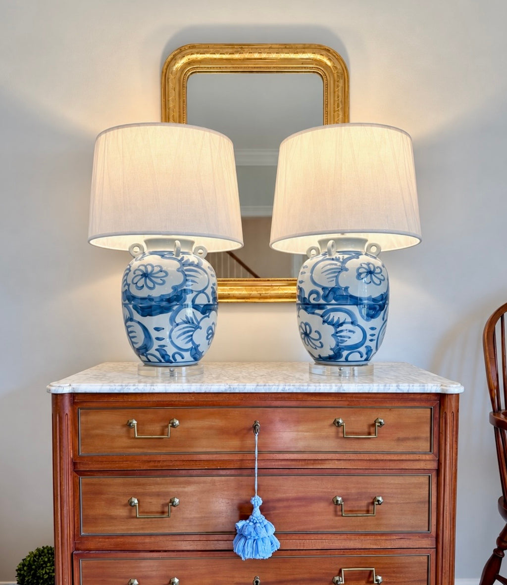 Blue + White Twisted Flower Lamps, Pair